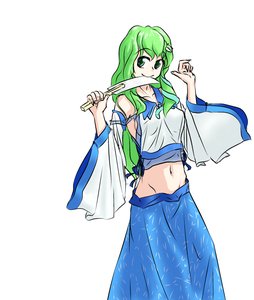 Rating: Safe Score: 0 Tags: detached_sleeves gohei green_eyes green_hair hairpin hater_(artist) kochiya_sanae long_hair midriff mouth_hold navel simple_background /to/ touhou User: (automatic)nanodesu