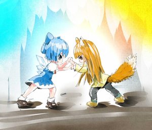 Rating: Safe Score: 0 Tags: 2girls animal_ears blue_eyes blue_hair bow brown_hair chibi cirno crossover dress fighting horo short_hair spice_and_wolf tail touhou wings User: (automatic)Anonymous