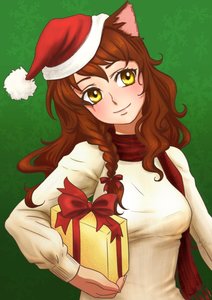 Rating: Safe Score: 0 Tags: animal_ears bow braid brown_hair gift hat long_hair nekomimi new_year orikanekoi_(artist) scarf smile sweater uvao-chan yellow_eyes User: (automatic)Anonymous