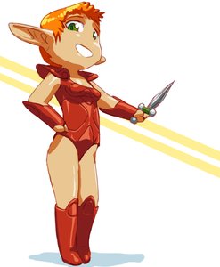 Rating: Safe Score: 0 Tags: 1girl boots chibi elf green_eyes grin hand_on_hip has_child_posts knife leotard orange_hair pointy_ears short_hair simple_background smile solo teeth weapon User: (automatic)Anonymous