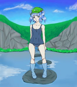Rating: Safe Score: 0 Tags: 1girl blue_hair boots covered_navel has_child_posts hat kawashiro_nitori outdoors school_swimsuit sky solo stone swimsuit touhou twintails water User: (automatic)Anonymous