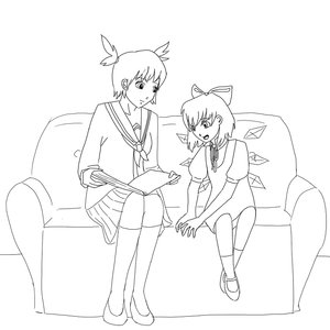 Rating: Questionable Score: 0 Tags: 2girls book bow cardigan cirno dress monochrome school_uniform sitting sketch socks sofa touhou twintails unyl-chan wings User: (automatic)timewaitsfornoone