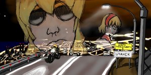 Rating: Safe Score: 0 Tags: alice_margatroid atmospheric blonde_hair city cityscape glasses motorcycle night /o/ oekaki road short_hair sunglasses tears touhou traffic_sign User: (automatic)nanodesu