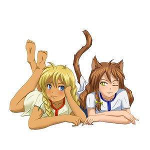 Rating: Safe Score: 0 Tags: 2girls animal_ears barefoot blonde_hair blue_eyes blush bow braid brown_hair cat_ears dress has_child_posts hudozhnik-kun_(artist) long_hair lying mouth_hold simple_background slavya-chan smile tail traditional_clothes twin_braids uvao-chan wink yellow_eyes User: (automatic)nanodesu