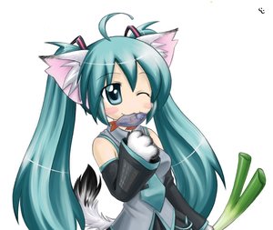 Rating: Safe Score: 0 Tags: :3 ahoge animal_ears aqua_eyes aqua_hair blush blush_stickers cat_ears cat_paws detached_sleeves fish food hatsune_miku highres long_hair necktie postnuclearneko_(artist) simple_background skirt spring_onion tagme tail twintails vocaloid wink User: (automatic)nanodesu