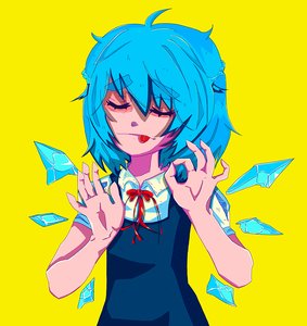 Rating: Safe Score: 0 Tags: 1girl ahoge blue_hair cirno closed_eyes dress eyebrows okay short_hair simple_background solo tongue touhou wings yellow_background User: (automatic)Random