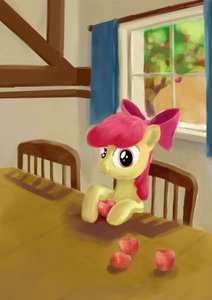 Rating: Safe Score: 0 Tags: animal apple apple_bloom bow /bro/ fine_art_parody has_child_posts my_little_pony no_humans parody pony room sitting table window User: (automatic)Anonymous