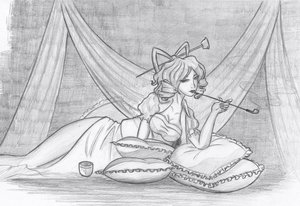 Rating: Safe Score: 0 Tags: hair_rings hair_stick highres kaku_seiga lying monochrome pillow pipe smoking /to/ touhou traditional_media User: (automatic)Anonymous