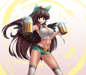 Rating: Safe Score: 0 Tags: alcohol alternate_costume beer bow breasts brown_hair cleavage contemporary glass hater_(artist) long_hair midriff muscles navel piercing red_eyes reiuji_utsuho shirt shorts smile third_eye /to/ touhou wings User: (automatic)Anonymous