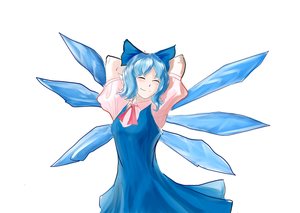 Rating: Safe Score: 0 Tags: blue_hair bow cirno closed_eyes dress hands_on_head short_hair simple_background smile touhou wings User: (automatic)Willyfox