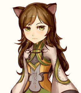 Rating: Safe Score: 0 Tags: 1girl animal_ears blush brown_hair cat_ears green_eyes long_hair simple_background solo User: (automatic)Anonymous