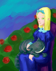 Rating: Safe Score: 0 Tags: 1girl alice_in_wonderland alice_(wonderland) blonde_hair bow cat cheshire_cat dress flower green_eyes nose rose sitting solo User: (automatic)Anonymous