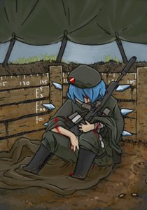 Rating: Safe Score: 0 Tags: alternate_costume bandages beret blood blue_hair cirno hat military military_uniform outdoors panzermeido_(artist) short_hair sitting touhou weapon wings User: (automatic)nanodesu
