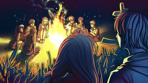 Rating: Safe Score: 0 Tags: 1boy brown_hair camp campfire crowd eroge fire from_behind game_cg grass highres multiple_boys multiple_girls night outdoors red_hair semyon_(character) shirt short_hair summer_camp twintails ussr-tan User: (automatic)Anonymous