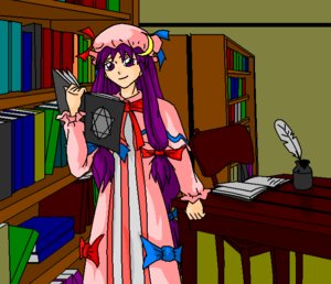 Rating: Safe Score: 2 Tags: book bow chair dress feather hat library long_hair mspaint patchouli_knowledge pentagram purple_eyes purple_hair reading smile table /to/ touhou User: (automatic)Big_C
