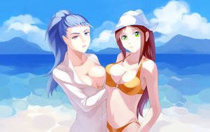 Rating: Questionable Score: 0 Tags: 2girls beach bikini blue_eyes blue_hair breasts brown_hair cloud collider-sama eroge green_eyes hat heterochromia highres mod-chan outdoors ponytail red_eyes sky swimsuit water User: (automatic)Anonymous
