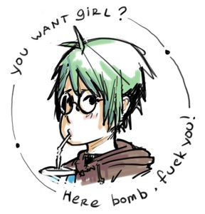 Rating: Safe Score: 0 Tags: ahoge bomb-chan bomb-kun_(artist) drinking glasses green_hair lowres red_eyes short_hair simple_background sketch User: (automatic)nanodesu