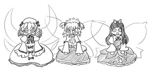 Rating: Safe Score: 0 Tags: 3girls bow chibi drill_hair fairy hat headdress luna_child monochrome multiple_girls sketch star_sapphire sunny_milk /to/ touhou twintails wings User: (automatic)nanodesu