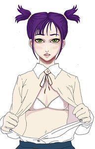 Rating: Questionable Score: 0 Tags: alternate_costume blouse blush bow bra breasts green_eyes open_mouth purple_hair simple_background sketch twintails undressing unyl-chan User: (automatic)Willyfox