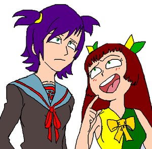 Rating: Safe Score: 0 Tags: 2girls banhammer-tan brown_hair green_eyes long_hair open_mouth pointing purple_hair simple_background twintails unyl-chan wakaba_mark User: (automatic)nanodesu