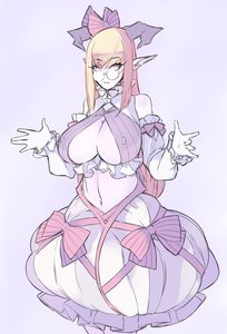 Rating: Questionable Score: 0 Tags: 1girl blonde_hair bow breasts cleavage covered_nipples detached_sleeves frills glasses gloves horns large_breasts long_hair midriff navel oxykoma_(artist) pointy_ears simple_background skirt solo User: (automatic)Anonymous