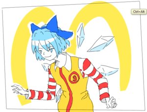 Rating: Safe Score: 0 Tags: alternate_costume blue_eyes blue_hair bow cirno cosplay crossover mcdonald's ronald_mcdonald short_hair striped touhou User: (automatic)nanodesu