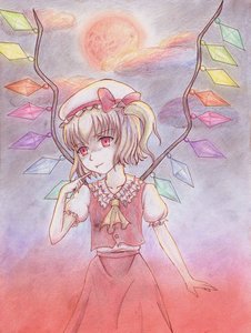 Rating: Safe Score: 0 Tags: 1girl ascot blonde_hair bow fang flandre_scarlet hat red_eyes side_ponytail skirt solo /to/ touhou traditional_media wings User: (automatic)Anonymous