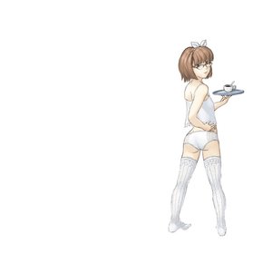 Rating: Safe Score: 0 Tags: brown_eyes brown_hair cup from_behind glasses hair_ribbon hands_on_hips panties ribbon short_hair simple_background thighhighs top tray underwear white_legwear User: (automatic)nanodesu