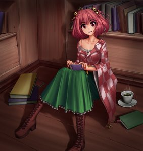 Rating: Safe Score: 0 Tags: bell book bookshelf boots checkered cup hater_(artist) japanese_clothes motoori_kosuzu red_eyes red_hair sitting /to/ touhou twintails User: (automatic)Anonymous
