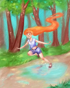 Rating: Safe Score: 0 Tags: /an/ forest long_hair nature orange_hair outdoors puddle running shorts spread_arms tree water User: (automatic)nanodesu