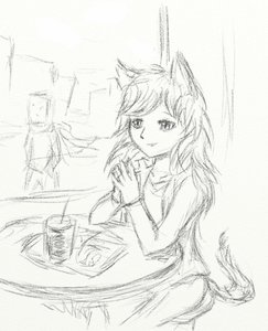 Rating: Safe Score: 0 Tags: animal_ears anonymous bag_on_head cat_ears food mcdonalds monochrome scarf sitting sketch table tail uvao-chan window User: (automatic)Koto-kun