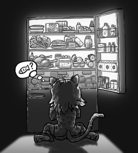 Rating: Safe Score: 0 Tags: animal_ears cat_ears food from_behind monochrome pajamas refrigerator tail User: (automatic)Anonymous