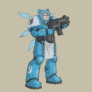 Rating: Safe Score: 2 Tags: armor bolter cirno crossover gun parody sci-fi space_marine touhou wakaba_mark warhammer_40k weapon wings User: (automatic)Willyfox