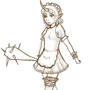 Rating: Safe Score: 0 Tags: apron club dress fang horns maid maid_headdress maid_outfit monochrome pointy_ears simple_background sketch thighhighs weapon User: (automatic)nanodesu