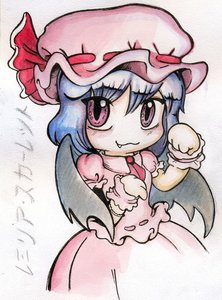 Rating: Safe Score: 0 Tags: blue_hair chibi hat red_eyes remilia_scarlet short_hair simple_background /to/ touhou traditional_media wings wrist_cuffs User: (automatic)nanodesu