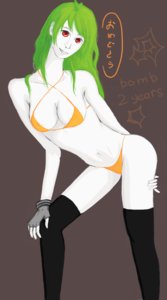 Rating: Questionable Score: 0 Tags: alternate_hairstyle bikini black_legwear bomb bomb-chan breasts fingerless_gloves gloves green_hair happy_birthday long_hair red_eyes simple_background smile star swimsuit thighhighs User: (automatic)ri-n