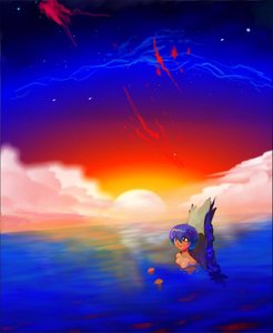Rating: Safe Score: 0 Tags: acid_colors ayanami_rei bare_shoulders blue_hair cloud neon_genesis_evangelion outdoors red_eyes short_hair sky sun sunset water User: (automatic)nanodesu