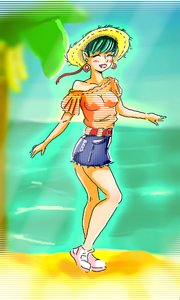 Rating: Safe Score: 0 Tags: ^_^ 1girl beach green_hair hat idleantics_(artist) lum nature /o/ oekaki outdoors solo urusei_yatsura water User: (automatic)nanodesu