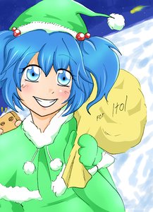 Rating: Safe Score: 0 Tags: alternate_costume anonymous blue_eyes blue_hair grin kawashiro_nitori new_year sack smile /to/ touhou twintails winter User: (automatic)Big_C