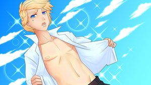 Rating: Safe Score: 0 Tags: 1boy blonde_hair blue_eyes dutch_angle electronic-kun eroge game_cg highres mole outdoors sexy shirt short_hair sky undressing User: (automatic)Anonymous