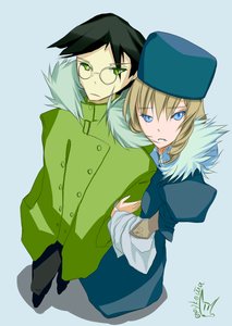 Rating: Safe Score: 0 Tags: :< blonde_hair blue_eyes brown_hair character_request coat drill_hair furry_hat glasses green_eyes has_child_posts holding_hands open_mouth oxykoma_(artist) russia-oneesama simple_background tagme User: (automatic)Willyfox