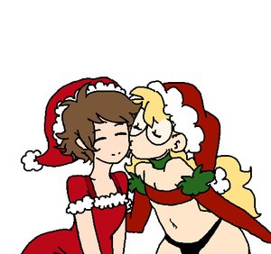 Rating: Safe Score: 0 Tags: 1boy 1girl bandeau blonde_hair brown_hair character_request cheek_kiss choker closed_eyes dress elbow_gloves glasses gloves hat jet_(artist) kiss long_hair midriff new_year o3o panties santa_costume santa_hat short_hair simple_background smile tagme trap User: (automatic)Anonymous