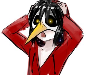 Rating: Safe Score: 0 Tags: beak black_hair glowing_eyes hands_on_head mask open_mouth personification shocked winged_doom User: (automatic)timewaitsfornoone