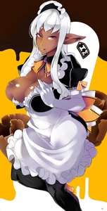 Rating: Explicit Score: 0 Tags: apron breast_hold breasts chocolate dark_skin dress ear_label elbow_gloves gloves maid maid_headdress maid_outfit nipples orange_eyes oxykoma_(artist) pointy_ears white_hair User: (automatic)Anonymous