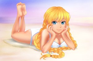 Rating: Questionable Score: 0 Tags: beach bikini blonde_hair blue_eyes braid breasts chin_rest hands_on_own_face long_hair lying orikanekoi_(artist) outdoors sand slavya-chan smile swimsuit twin_braids User: (automatic)Anonymous