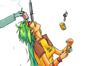 Rating: Safe Score: 0 Tags: bomb-chan bomb-kun_(artist) braid can cigarette glasses green_hair knife long_hair shirt tagme t-shirt User: (automatic)nanodesu