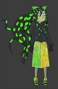 Rating: Safe Score: 0 Tags: 1girl blush bow gloves glowing green_eyes grey_background hair_bow jacket long_hair polka_dot ponytail shoes simple_background skirt sneakers solo stylish wakaba_colors User: (automatic)ii