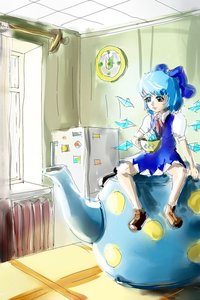 Rating: Safe Score: 2 Tags: blue_eyes blue_hair bow cirno cup dress ice kitchen minigirl short_hair tea teapot touhou wings User: (automatic)Anonymous
