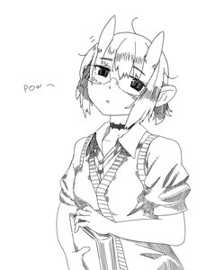 Rating: Safe Score: 0 Tags: 1girl ahoge arsenixc_(artist) blush book glasses highres horns horny-chan monochrome oni shirt short_hair simple_background sketch solo sweater_vest User: (automatic)Anonymous
