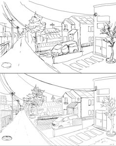 Rating: Safe Score: 0 Tags: car city cityscape monochrome no_humans outdoors road scenery sketch street tree wires User: (automatic)nanodesu